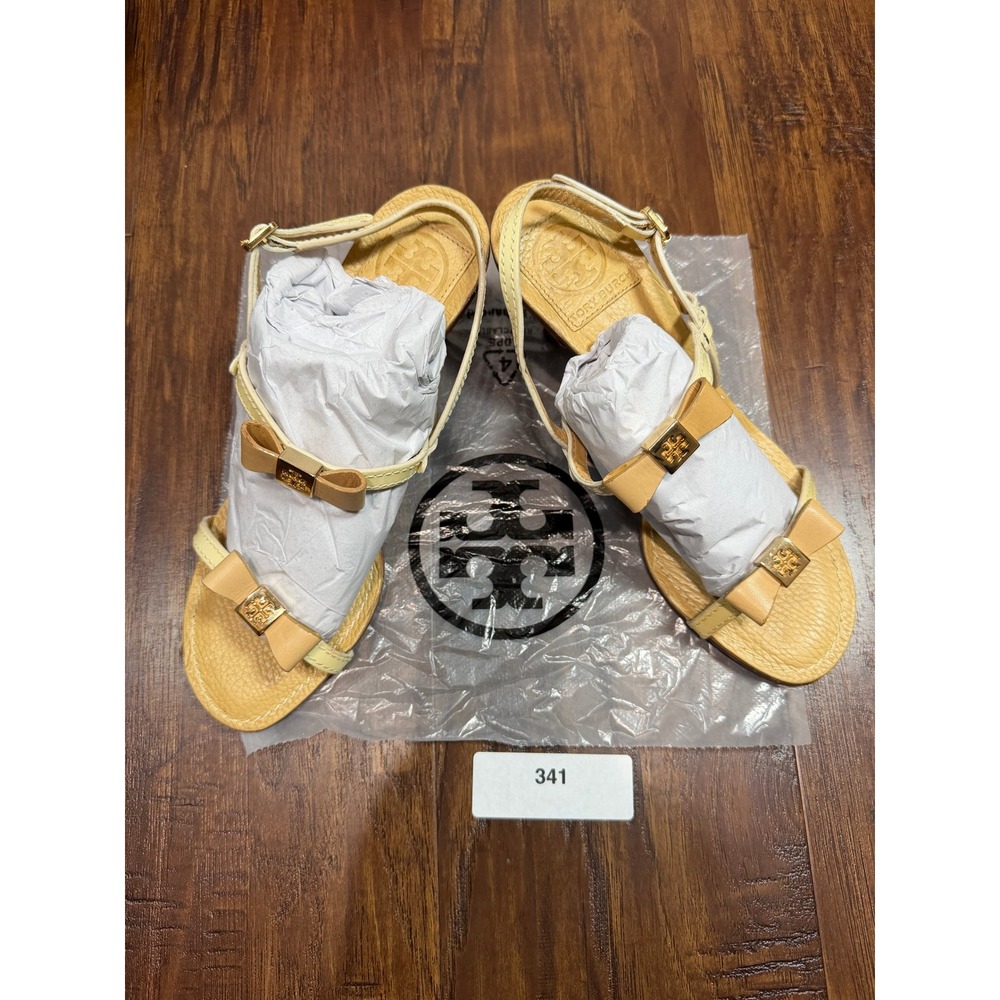 Tory Burch Women Yellow Leather Double Bow Kitten Heel Strappy Sandals Size 7M